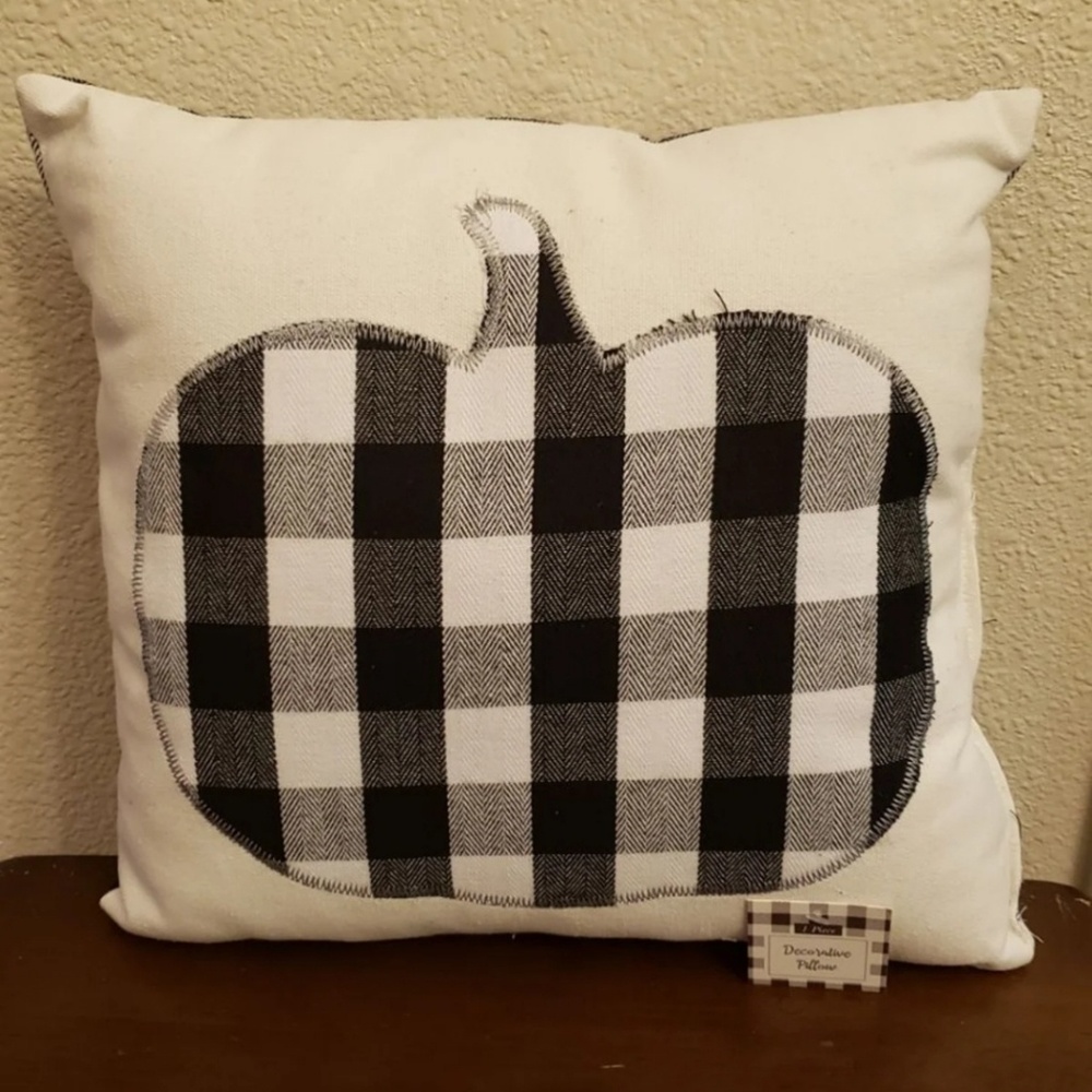 Black and white buffalo check pumpkin pillow